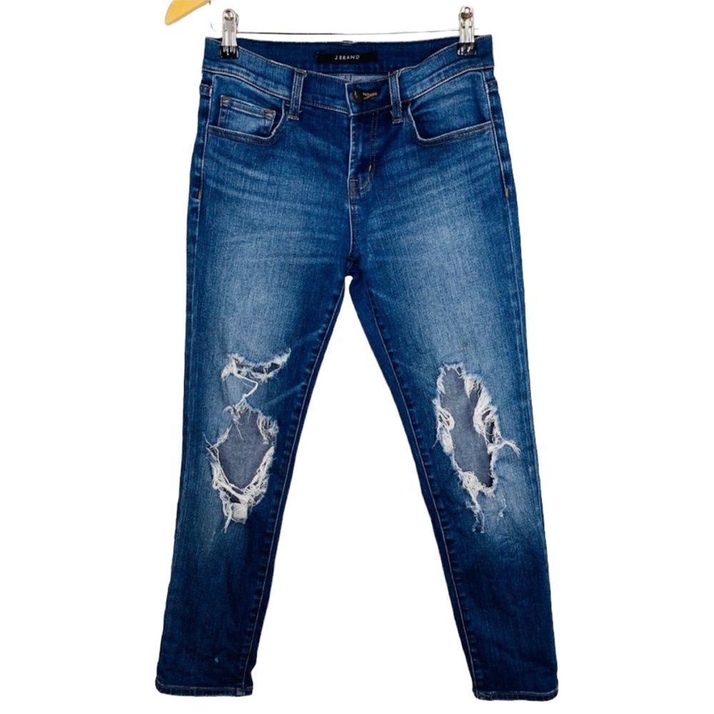 J brand distressed stretch dark wash ankle jeans